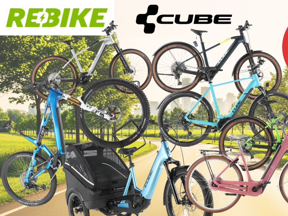 Auf dem Bild sind diverse E-Bike Modelle der Marke Cube zu sehen.