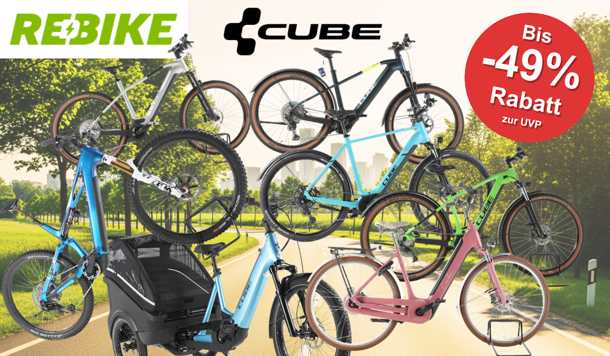 Auf dem Bild sind diverse E-Bike Modelle der Marke Cube zu sehen.