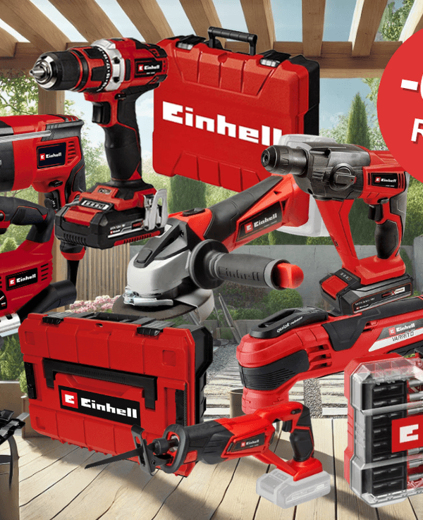 Auf dem Bild ist eine Collage zu sehen mit diversen Baumarkt Einhell Produkte, die aktuell bei OTTO zu einem reduzierten Preis erhältlich sind.