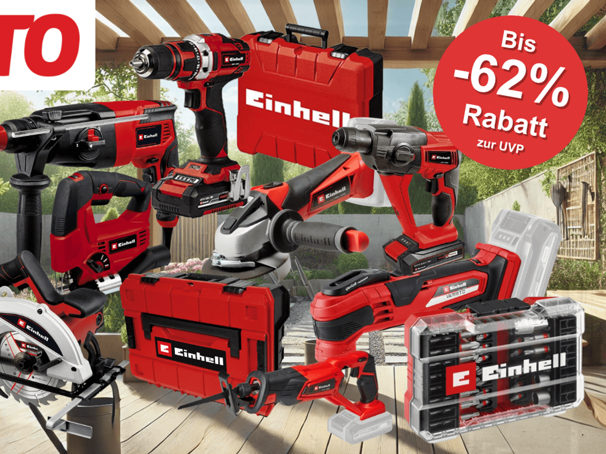 Auf dem Bild ist eine Collage zu sehen mit diversen Baumarkt Einhell Produkte, die aktuell bei OTTO zu einem reduzierten Preis erhältlich sind.