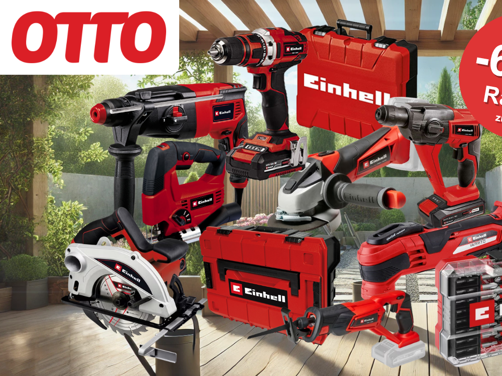 Auf dem Bild ist eine Collage zu sehen mit diversen Baumarkt Einhell Produkte, die aktuell bei OTTO zu einem reduzierten Preis erhältlich sind.