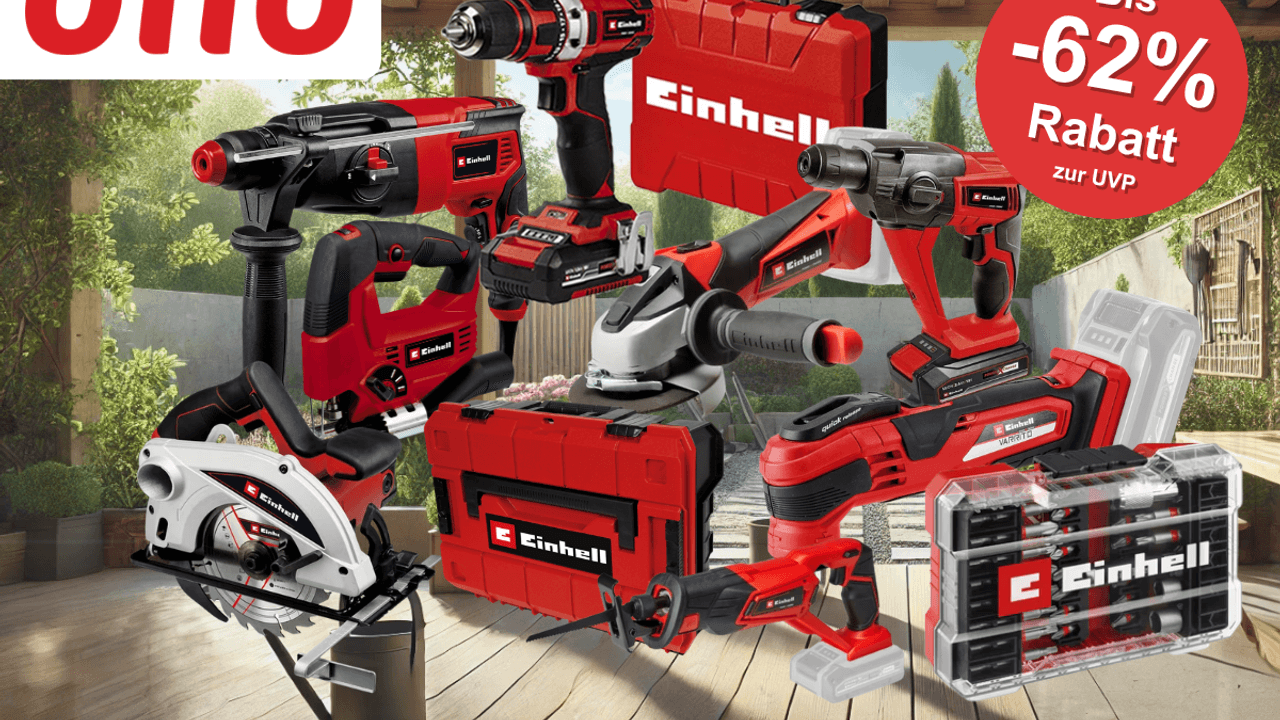 Auf dem Bild ist eine Collage zu sehen mit diversen Baumarkt Einhell Produkte, die aktuell bei OTTO zu einem reduzierten Preis erhältlich sind.