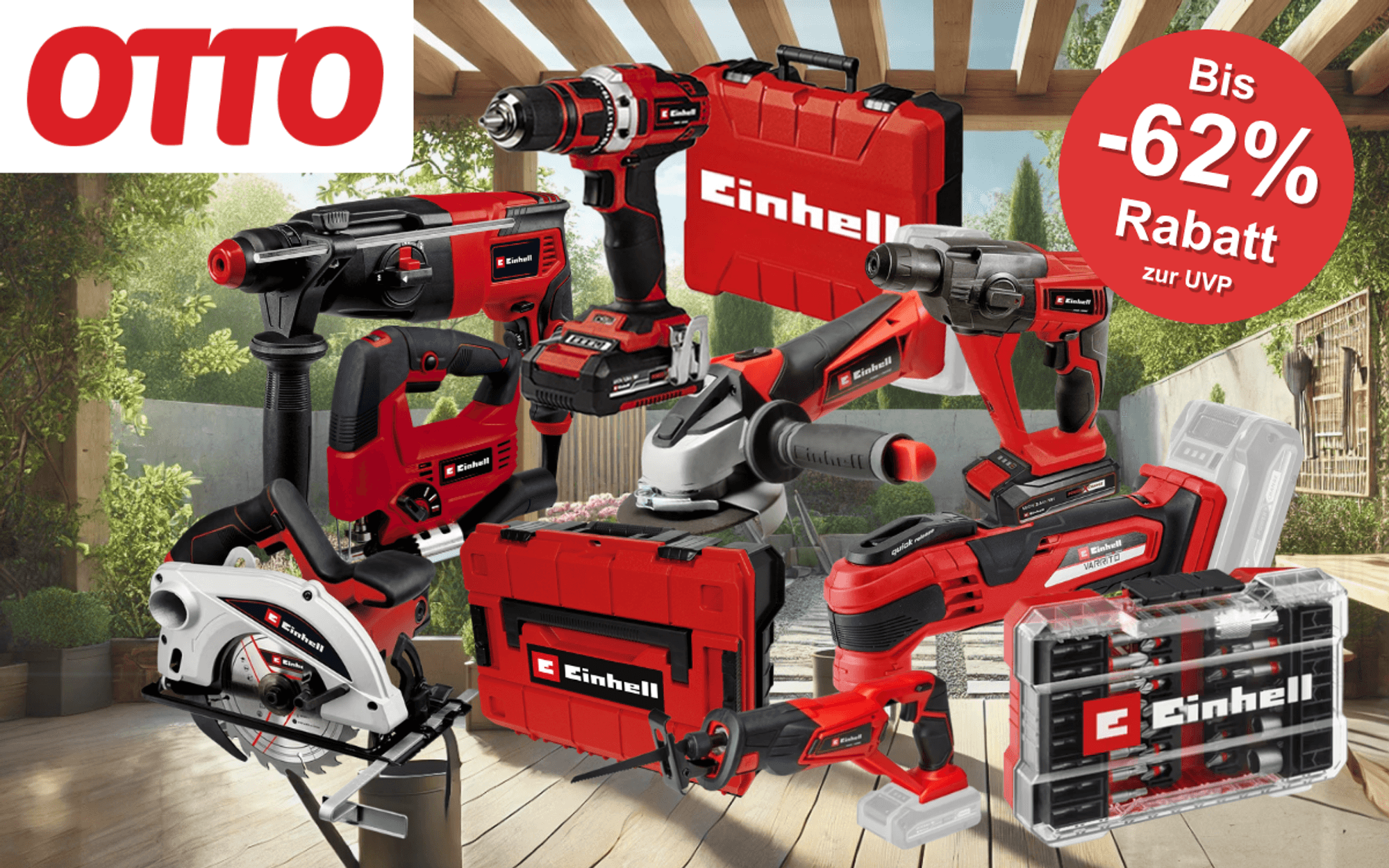 Auf dem Bild ist eine Collage zu sehen mit diversen Baumarkt Einhell Produkte, die aktuell bei OTTO zu einem reduzierten Preis erhältlich sind.