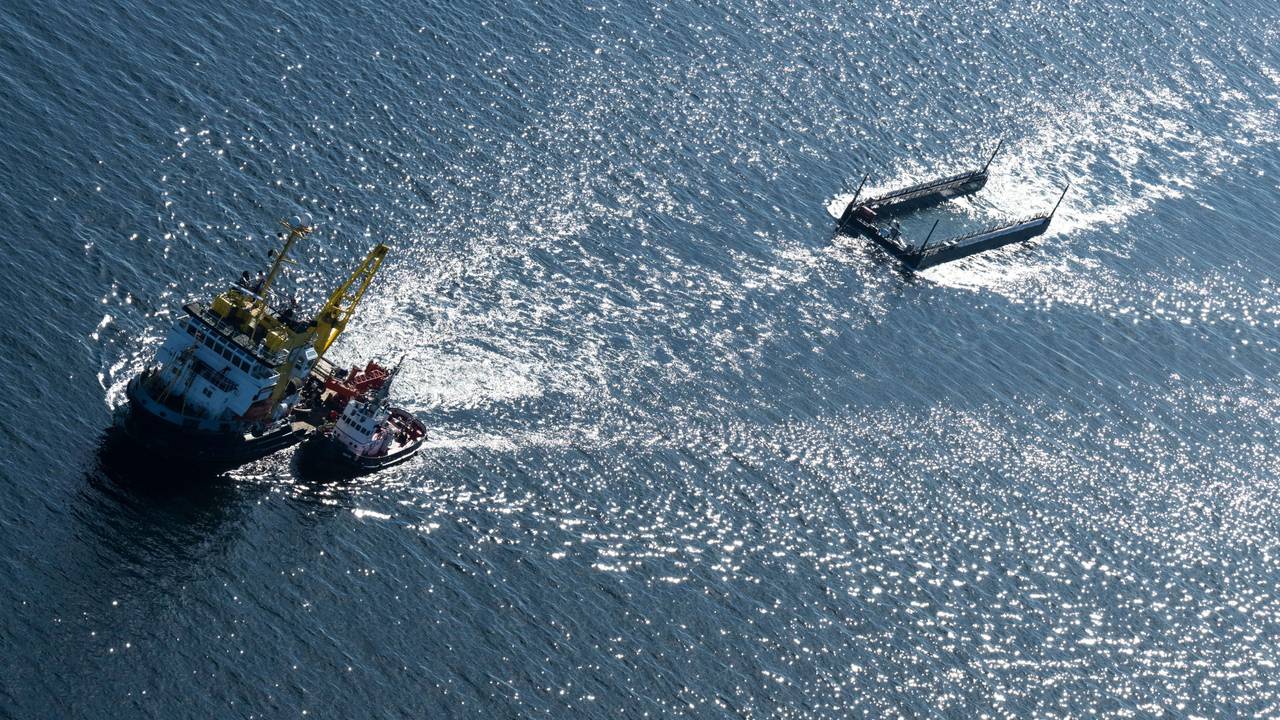 Ein Schlepperverband zieht den Wal in einem mit Wasser gefüllten Lastkahn kurz vor der dänischen Grenze.