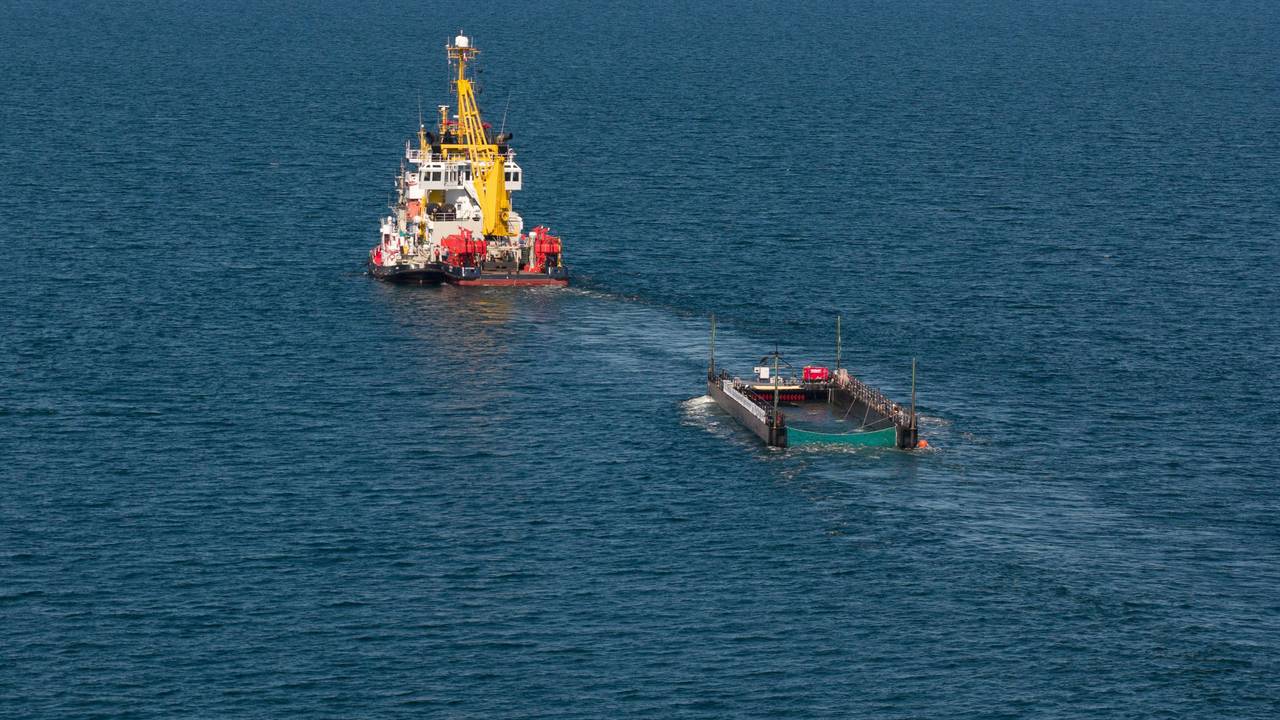 Der Schlepper zieht den mit Wasser gefüllten Lastkahn mit dem Buckelwal.