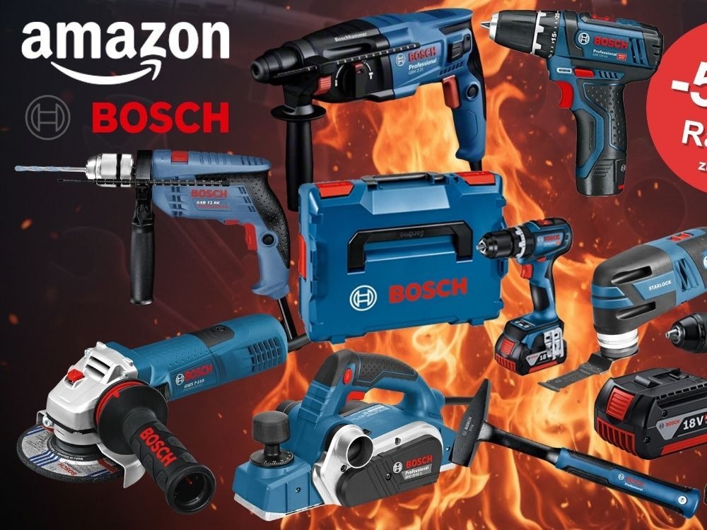 Collage verschiedener blauer Bosch Professional Werkzeuge (Bohrhammer, Schlagbohrmaschine, Akkubohrer, Winkelschleifer, Hobel, Multi-Tool, Starlock-Säge sowie ein 18V Akku und ein blauer L-BOXX Werkzeugkoffer) vor einem dramatischen Flammen-Hintergrund in Orange und Rot. Links oben das Amazon-Logo und der rote Bosch-Schriftzug. Rechts oben roter Button mit der Aufschrift „Bis -51 % Rabatt zur UVP".