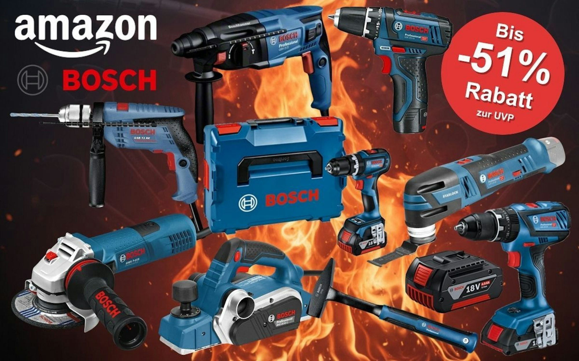 Collage verschiedener blauer Bosch Professional Werkzeuge (Bohrhammer, Schlagbohrmaschine, Akkubohrer, Winkelschleifer, Hobel, Multi-Tool, Starlock-Säge sowie ein 18V Akku und ein blauer L-BOXX Werkzeugkoffer) vor einem dramatischen Flammen-Hintergrund in Orange und Rot. Links oben das Amazon-Logo und der rote Bosch-Schriftzug. Rechts oben roter Button mit der Aufschrift „Bis -51 % Rabatt zur UVP".