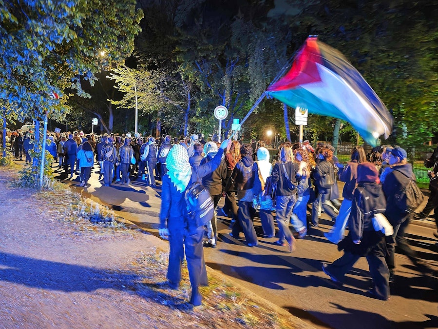 Nächtliche Demonstration von Menschen mit Flagge