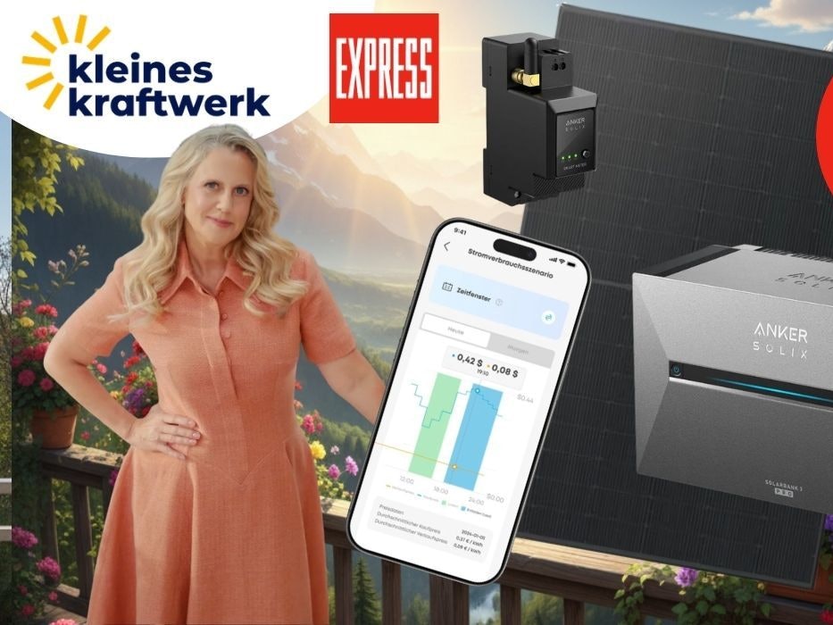 Balkonkraftwerk XL Angebot von Kleines Kraftwerk in Kooperation mit EXPRESS. Links steht Moderatorin Barbara Schöneberger in einem lachs-farbenen Kleid vor einem frühlingshaften Bergpanorama mit Blumen. Rechts sind das Solarmodul, der Anker Solix Stromspeicher, ein Smart Meter sowie ein Smartphone mit der Stromverbrauchs-App zu sehen. Oben links das Kleines-Kraftwerk-Logo und das EXPRESS-Logo. Rechts oben roter Button mit der Aufschrift „Jetzt -41 % Rabatt zur UVP".