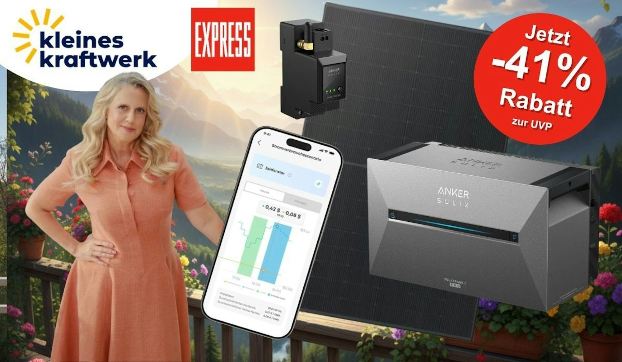 Balkonkraftwerk XL Angebot von Kleines Kraftwerk in Kooperation mit EXPRESS. Links steht Moderatorin Barbara Schöneberger in einem lachs-farbenen Kleid vor einem frühlingshaften Bergpanorama mit Blumen. Rechts sind das Solarmodul, der Anker Solix Stromspeicher, ein Smart Meter sowie ein Smartphone mit der Stromverbrauchs-App zu sehen. Oben links das Kleines-Kraftwerk-Logo und das EXPRESS-Logo. Rechts oben roter Button mit der Aufschrift „Jetzt -41 % Rabatt zur UVP".
