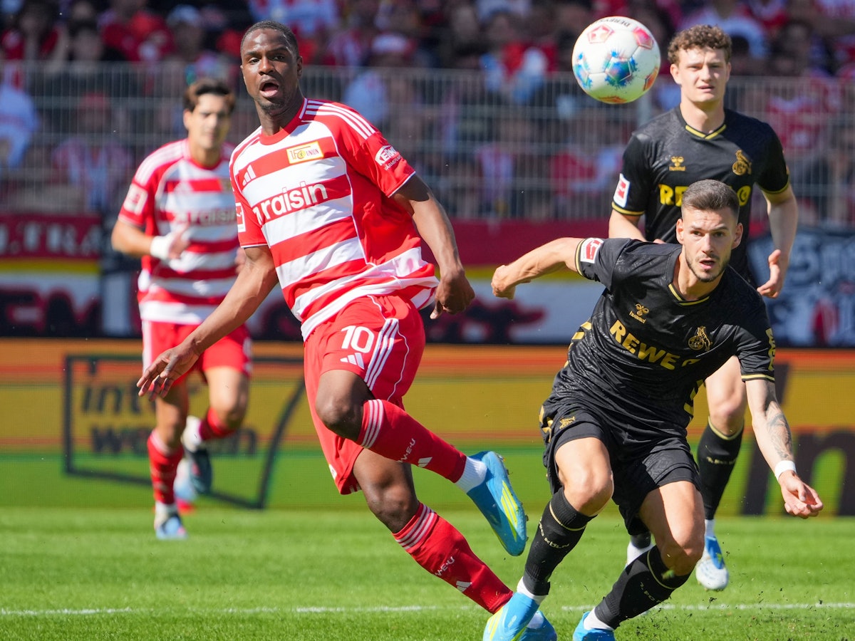 Ilyas Ansah (l., 1. FC Union Berlin) gegen Tom Krauß (1. FC Köln).