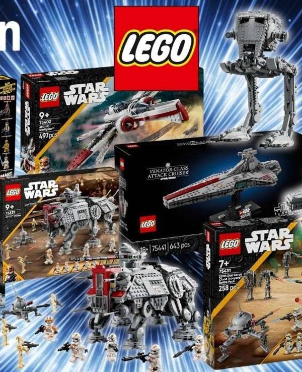 LEGO Star Wars Sets vor einem dramatischen Weltraum-Hintergrund mit Amazon- und LEGO-Logo sowie einem roten Rabatt-Badge mit der Aufschrift "Bis -40% Rabatt zur UVP". Zu sehen sind unter anderem der Millennium Falcon, der ARC-170 Starfighter (75402), der AT-TE Walker (75337), der Angriffskreuzer der Venator-Klasse (75441), das Klonsoldaten Battle Pack des 327. Sternenkorps (75431) sowie ein Imperial Star Destroyer.