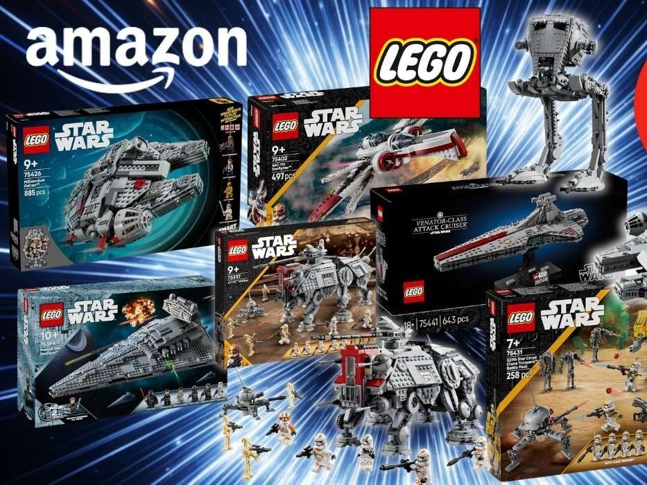 LEGO Star Wars Sets vor einem dramatischen Weltraum-Hintergrund mit Amazon- und LEGO-Logo sowie einem roten Rabatt-Badge mit der Aufschrift "Bis -40% Rabatt zur UVP". Zu sehen sind unter anderem der Millennium Falcon, der ARC-170 Starfighter (75402), der AT-TE Walker (75337), der Angriffskreuzer der Venator-Klasse (75441), das Klonsoldaten Battle Pack des 327. Sternenkorps (75431) sowie ein Imperial Star Destroyer.