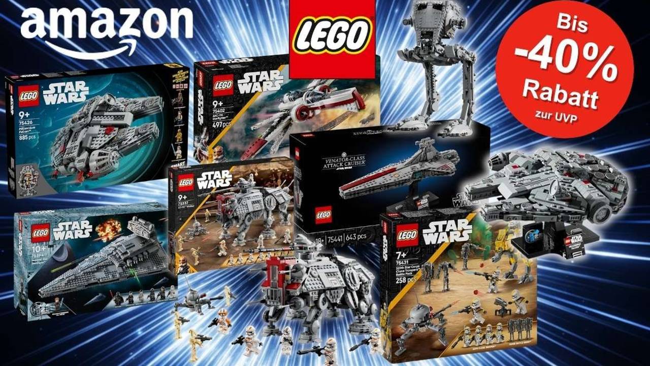 LEGO Star Wars Sets vor einem dramatischen Weltraum-Hintergrund mit Amazon- und LEGO-Logo sowie einem roten Rabatt-Badge mit der Aufschrift "Bis -40% Rabatt zur UVP". Zu sehen sind unter anderem der Millennium Falcon, der ARC-170 Starfighter (75402), der AT-TE Walker (75337), der Angriffskreuzer der Venator-Klasse (75441), das Klonsoldaten Battle Pack des 327. Sternenkorps (75431) sowie ein Imperial Star Destroyer.