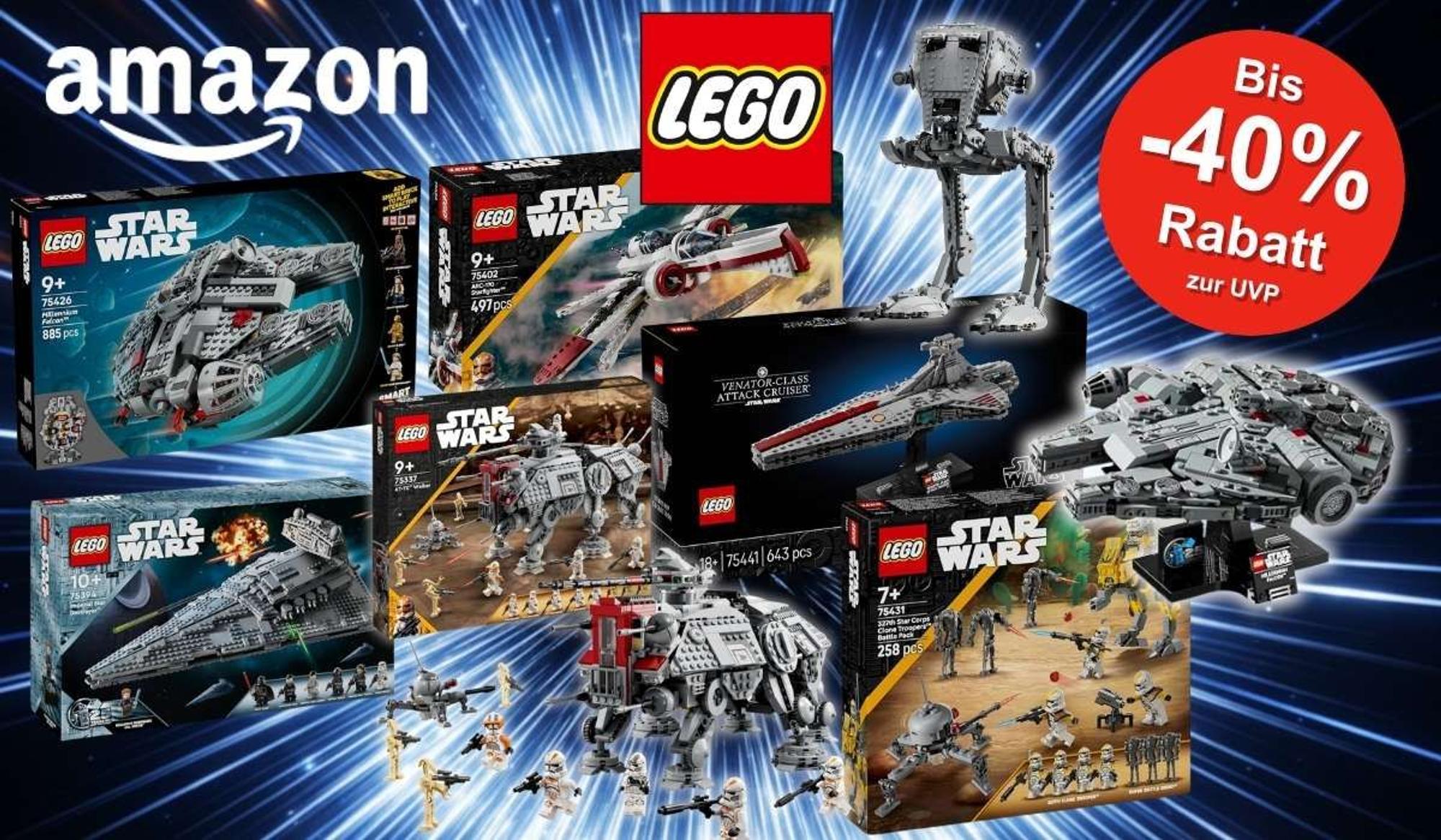 LEGO Star Wars Sets vor einem dramatischen Weltraum-Hintergrund mit Amazon- und LEGO-Logo sowie einem roten Rabatt-Badge mit der Aufschrift "Bis -40% Rabatt zur UVP". Zu sehen sind unter anderem der Millennium Falcon, der ARC-170 Starfighter (75402), der AT-TE Walker (75337), der Angriffskreuzer der Venator-Klasse (75441), das Klonsoldaten Battle Pack des 327. Sternenkorps (75431) sowie ein Imperial Star Destroyer.
