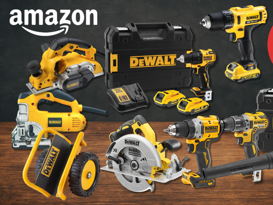 Auf dem Bild sind viele DeWalt Produkte zu sehen, die sich aktuell im Sale befinden.