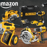 DeWalt Werkzeug und Garten-Geräte vor einem Holz und dunklem Schiefer-Hintergrund.
