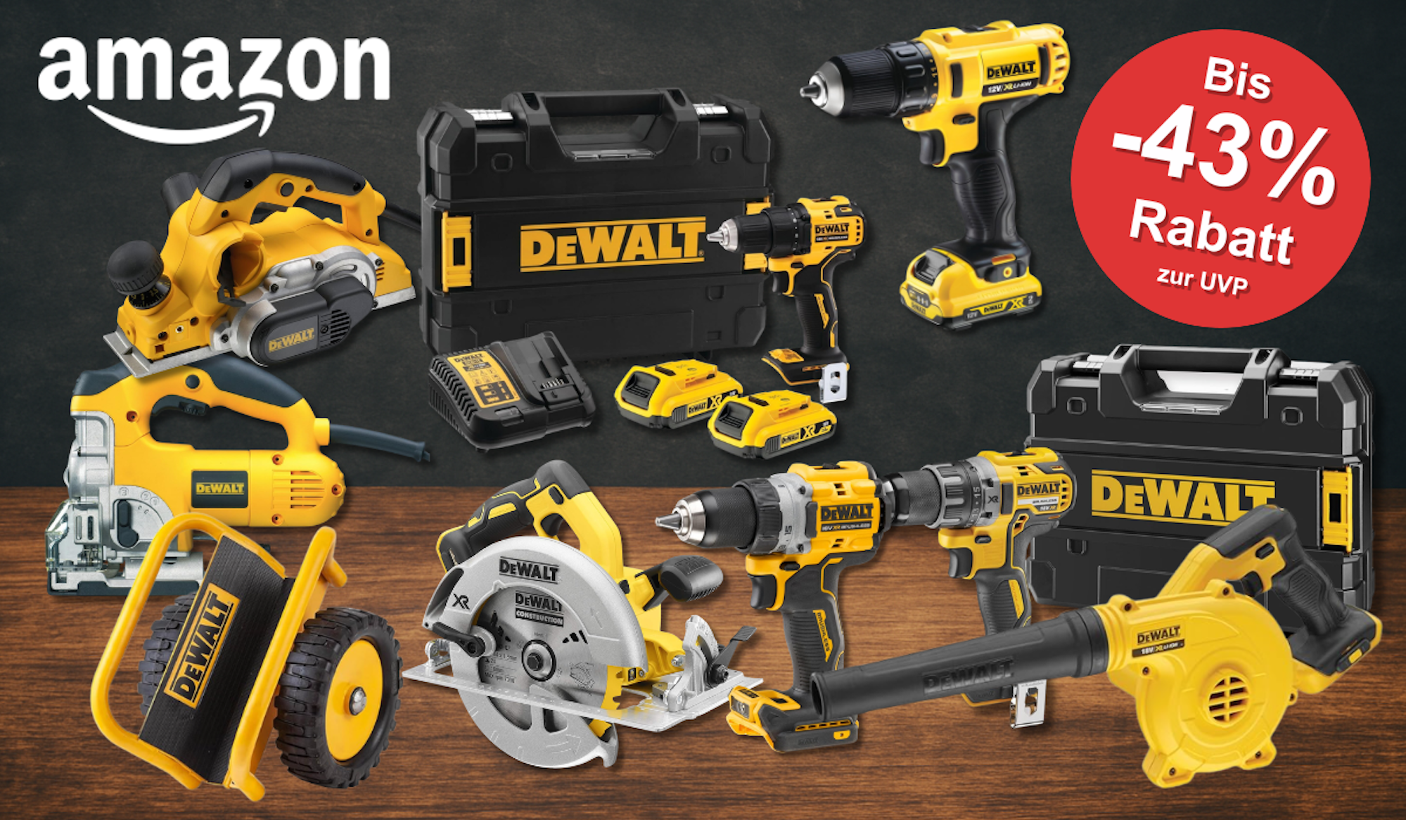 Auf dem Bild sind viele DeWalt Produkte zu sehen, die sich aktuell im Sale befinden.