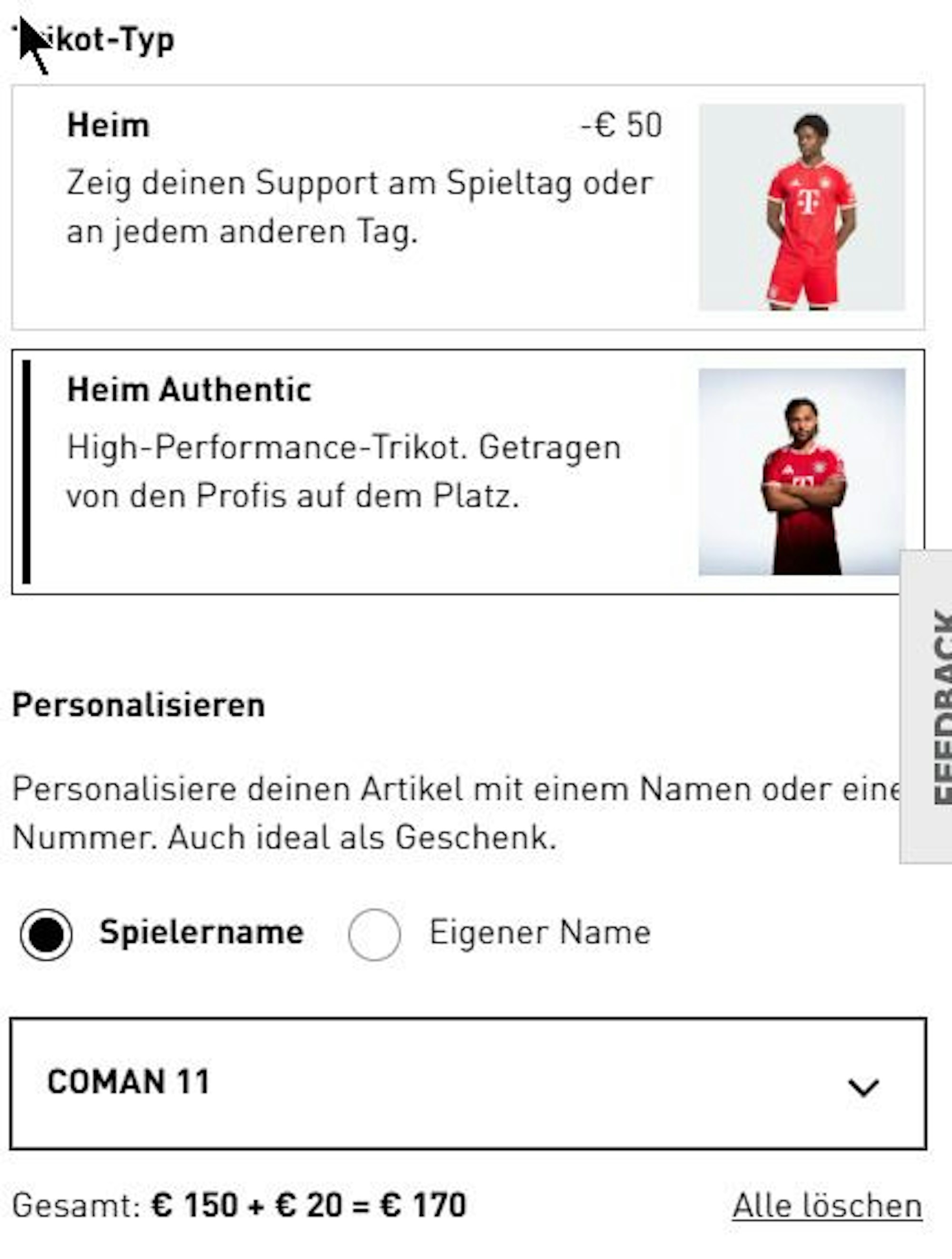 Im Adidas-Shop taucht bei der Spielerauswahl Ex-Bayern-Star Kingsley Coman auf.