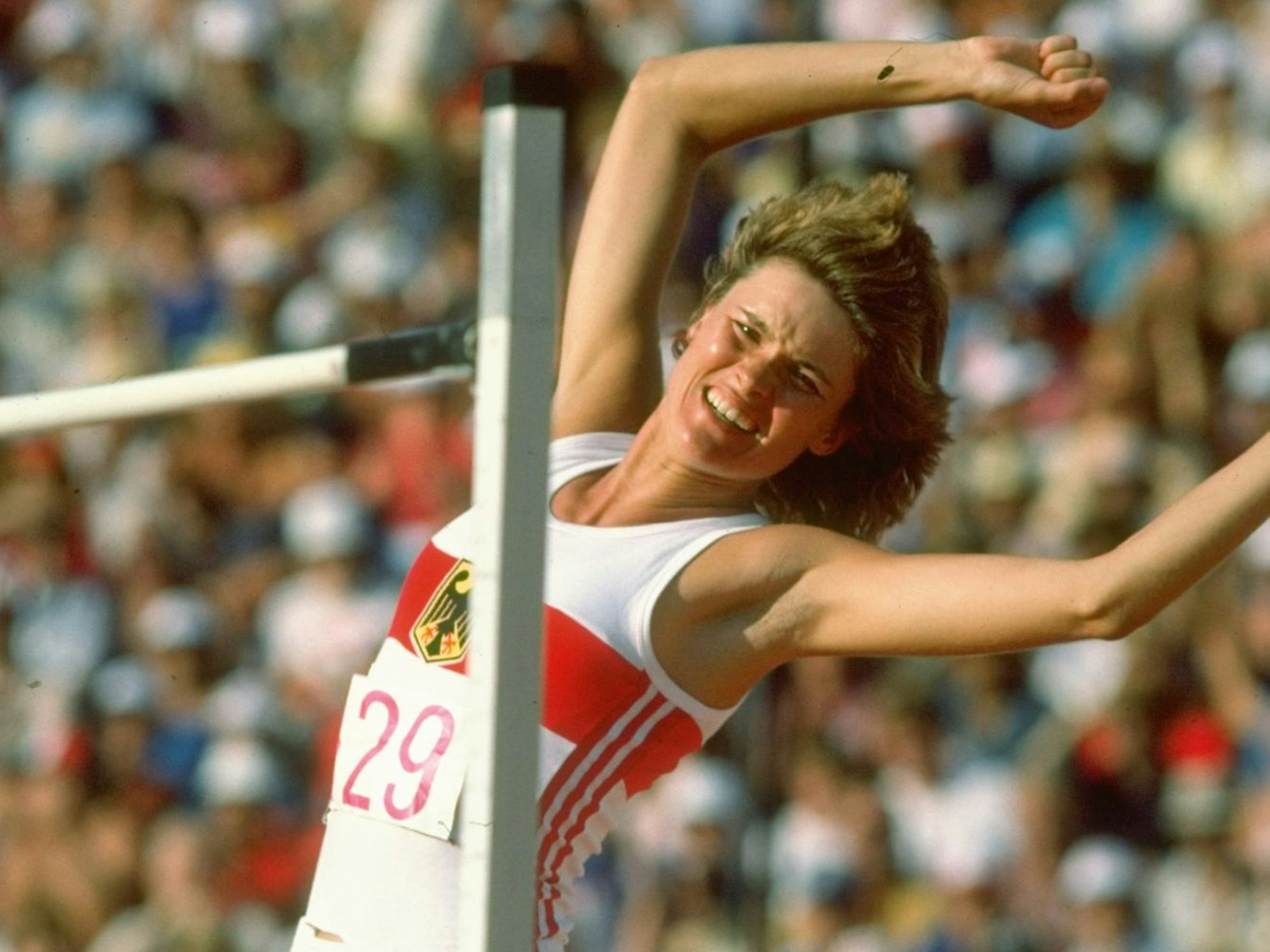 Bei den Olympischen Spielen in Los Angeles 1984 wurde Ulrike Meyfarth zum zweiten Mal Olympiasiegerin im Hochsprung. (Bild: Tony Duffy/Allsport/Getty Imagaes)