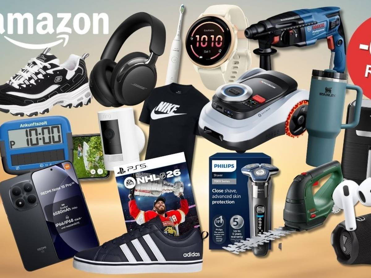 Collage mit Amazon Mai Angeboten: Sneaker, Kopfhörer, Smartwatch, Bohrmaschine, Rasenmähroboter, Smartphone, PS5-Spiel, Philips-Rasierer, Airfryer, AirPods, JBL-Lautsprecher und weitere Produkte bekannter Marken – mit dem Hinweis auf bis zu 62 Prozent Rabatt zur UVP