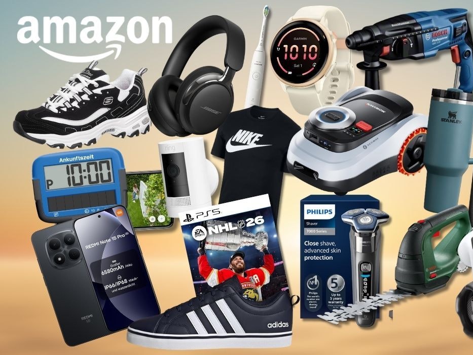 Collage mit Amazon Mai Angeboten: Sneaker, Kopfhörer, Smartwatch, Bohrmaschine, Rasenmähroboter, Smartphone, PS5-Spiel, Philips-Rasierer, Airfryer, AirPods, JBL-Lautsprecher und weitere Produkte bekannter Marken – mit dem Hinweis auf bis zu 62 Prozent Rabatt zur UVP