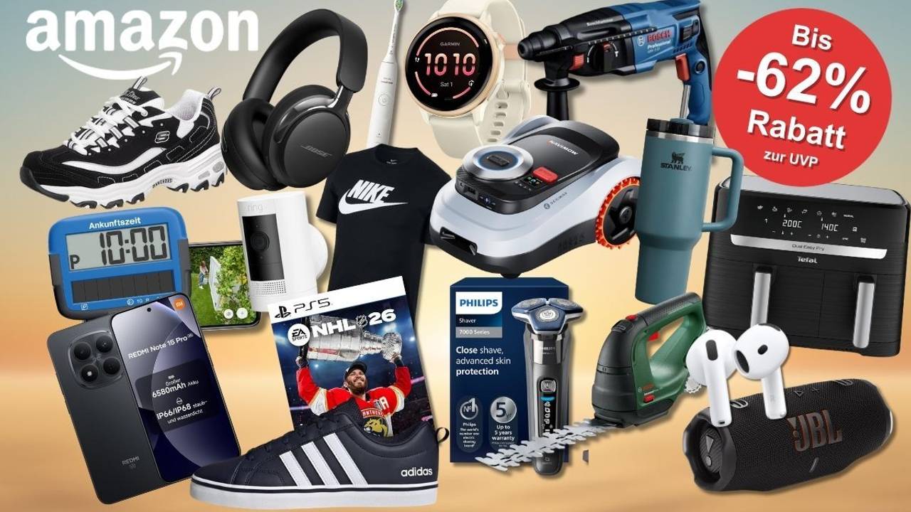 Collage mit Amazon Mai Angeboten: Sneaker, Kopfhörer, Smartwatch, Bohrmaschine, Rasenmähroboter, Smartphone, PS5-Spiel, Philips-Rasierer, Airfryer, AirPods, JBL-Lautsprecher und weitere Produkte bekannter Marken – mit dem Hinweis auf bis zu 62 Prozent Rabatt zur UVP