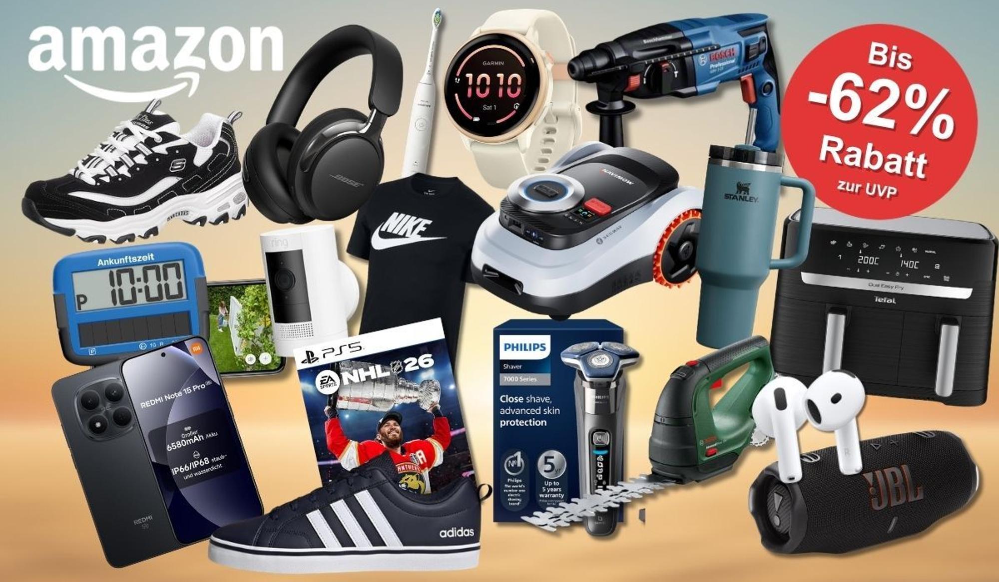 Collage mit Amazon Mai Angeboten: Sneaker, Kopfhörer, Smartwatch, Bohrmaschine, Rasenmähroboter, Smartphone, PS5-Spiel, Philips-Rasierer, Airfryer, AirPods, JBL-Lautsprecher und weitere Produkte bekannter Marken – mit dem Hinweis auf bis zu 62 Prozent Rabatt zur UVP