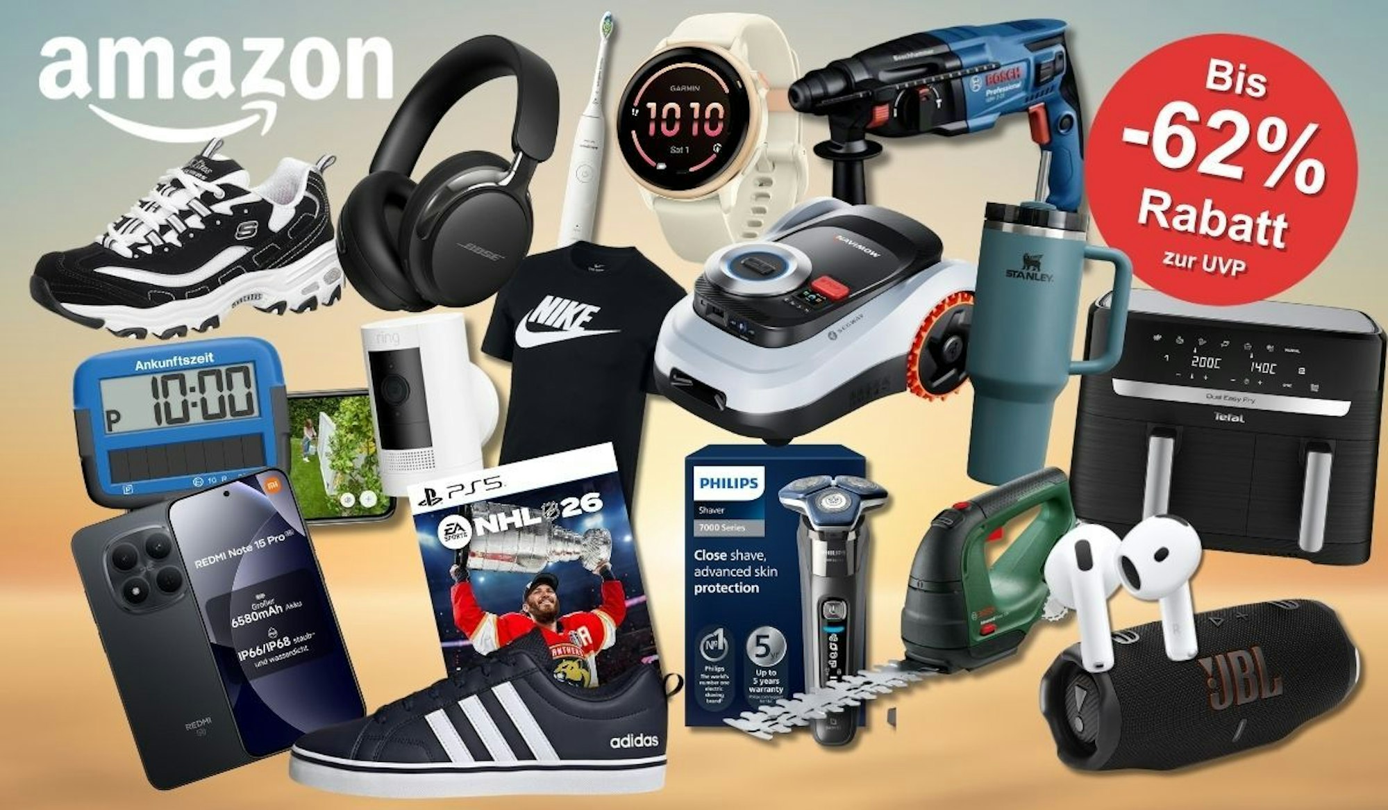 Collage mit Amazon Mai Angeboten: Sneaker, Kopfhörer, Smartwatch, Bohrmaschine, Rasenmähroboter, Smartphone, PS5-Spiel, Philips-Rasierer, Airfryer, AirPods, JBL-Lautsprecher und weitere Produkte bekannter Marken – mit dem Hinweis auf bis zu 62 Prozent Rabatt zur UVP