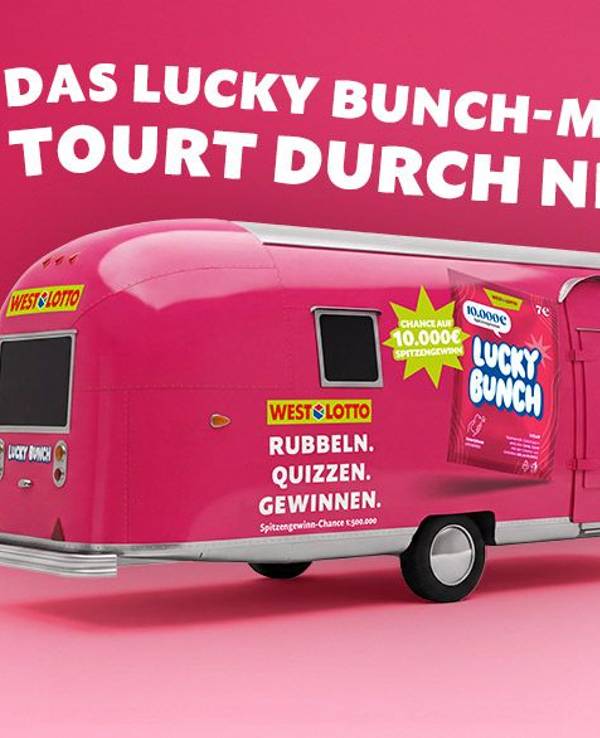 Ab Mai geht Lucky Bunch auf Tour und kann an unterschiedlichen Orten erlebt werden. Ein pinkes Lucky-Bunch-Mobil macht auf verschiedenen Stadtfesten und Festivals in Nordrhein-Westfalen Station,