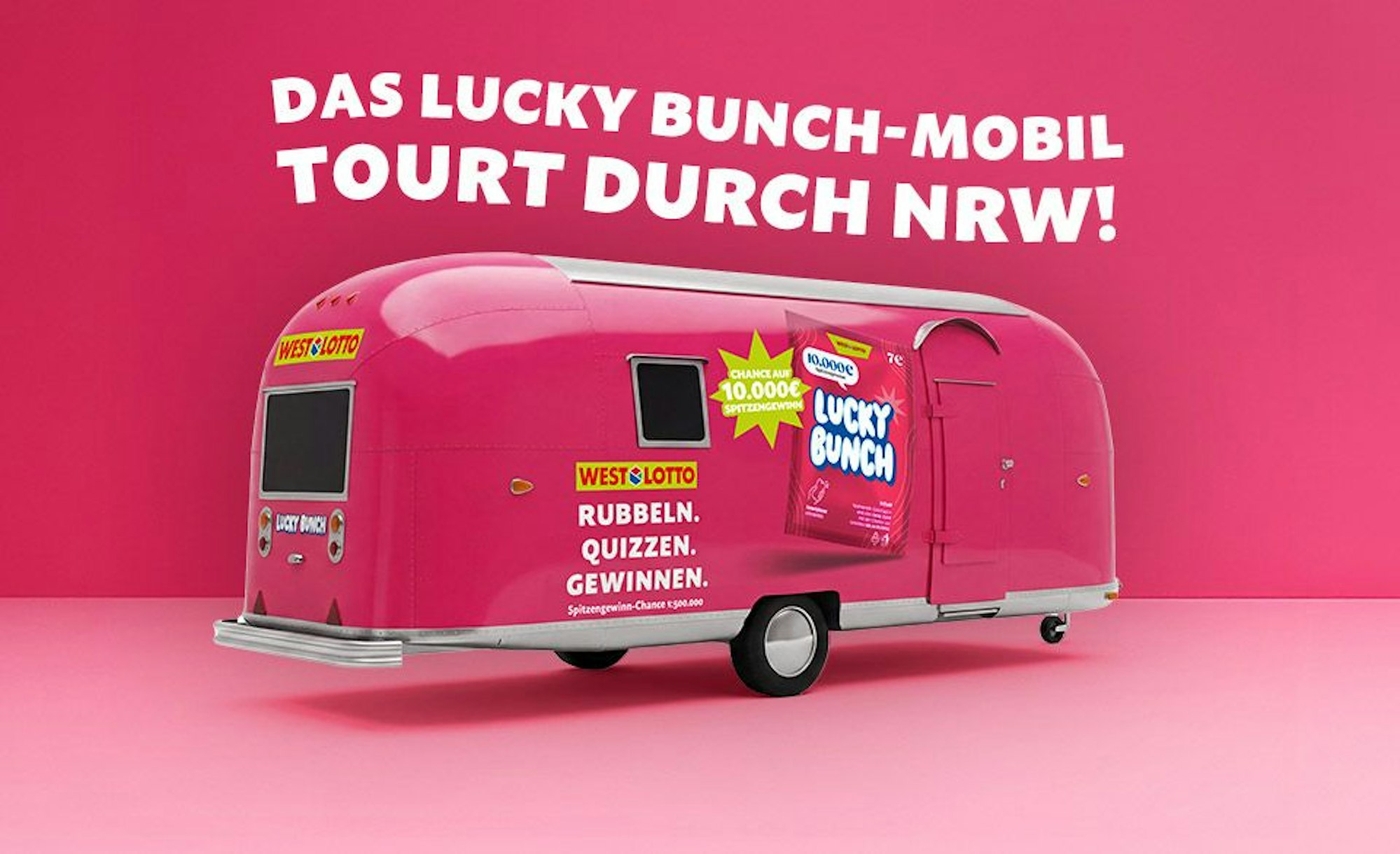 Ab Mai geht Lucky Bunch auf Tour und kann an unterschiedlichen Orten erlebt werden. Ein pinkes Lucky-Bunch-Mobil macht auf verschiedenen Stadtfesten und Festivals in Nordrhein-Westfalen Station,