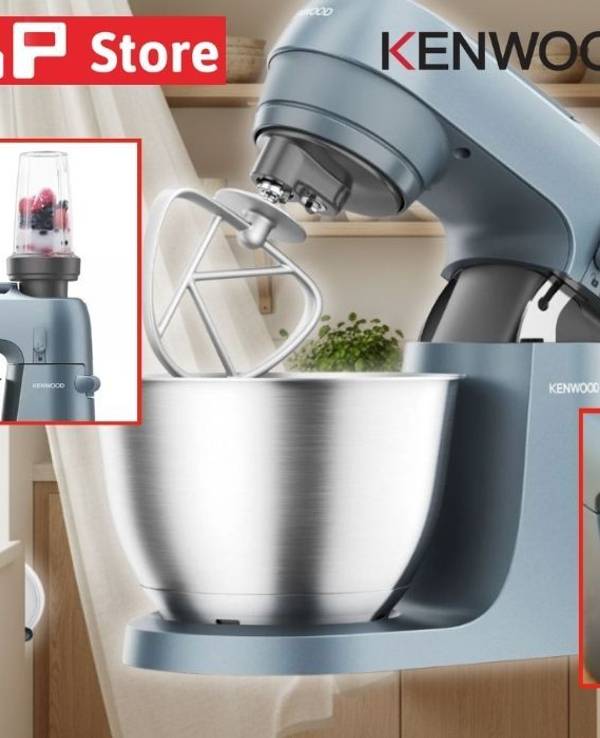 Kenwood Go Küchenmaschine KZM35.040GY in Blaugrau mit 4-Liter-Edelstahlschüssel und K-Haken vor einer gemütlichen Küche im Hintergrund.
