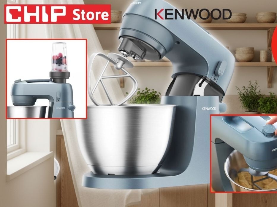 Kenwood Go Küchenmaschine KZM35.040GY in Blaugrau mit 4-Liter-Edelstahlschüssel und K-Haken vor einer gemütlichen Küche im Hintergrund.