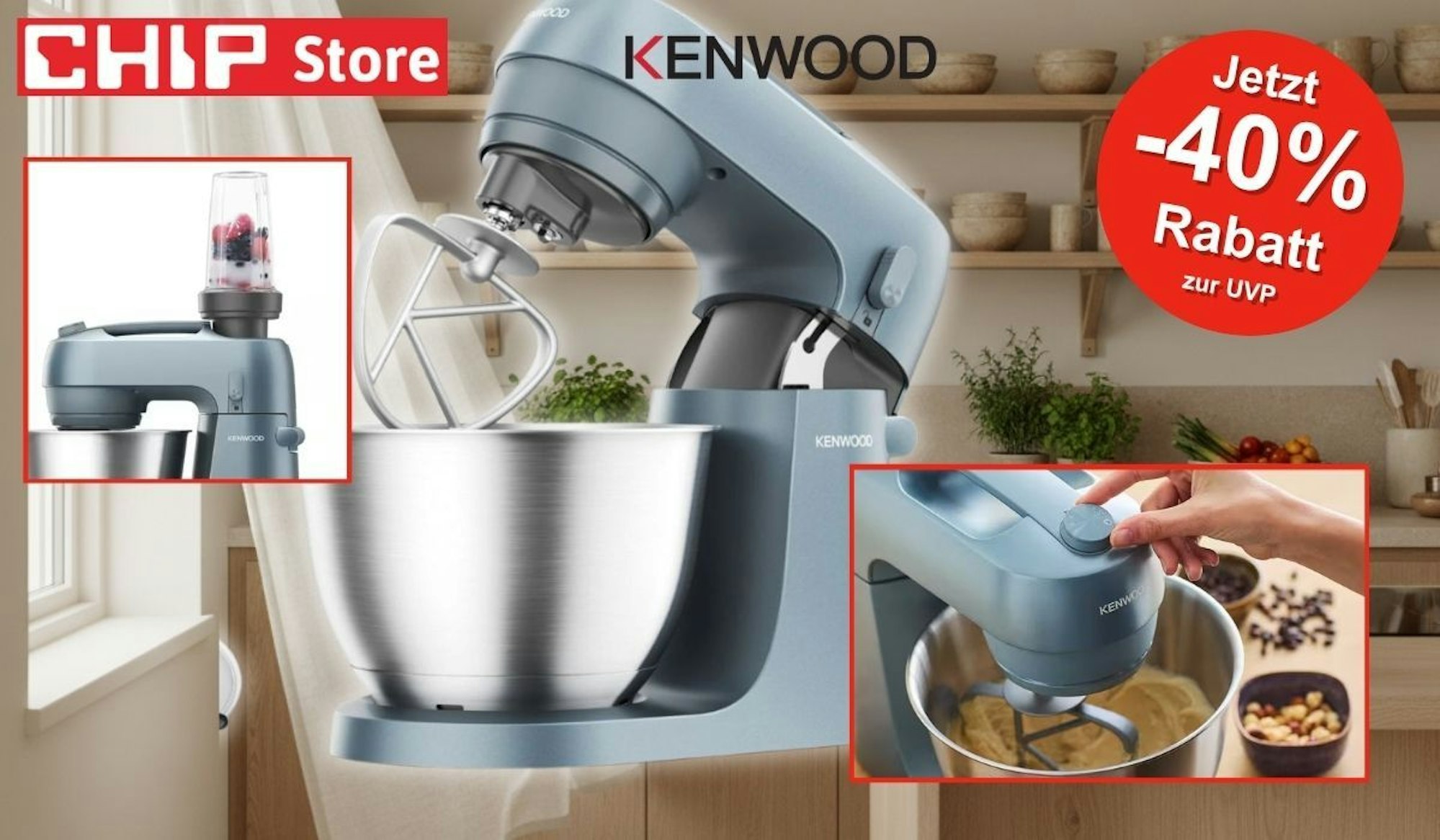 Kenwood Go Küchenmaschine KZM35.040GY in Blaugrau mit 4-Liter-Edelstahlschüssel und K-Haken vor einer gemütlichen Küche im Hintergrund.