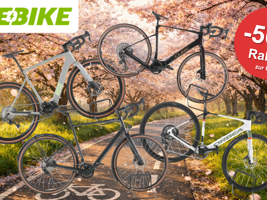 Auf dem Bild ist eine Collage aus E-Gravel & E-Rennräder, die gerade bei Rebike reduziert sind.