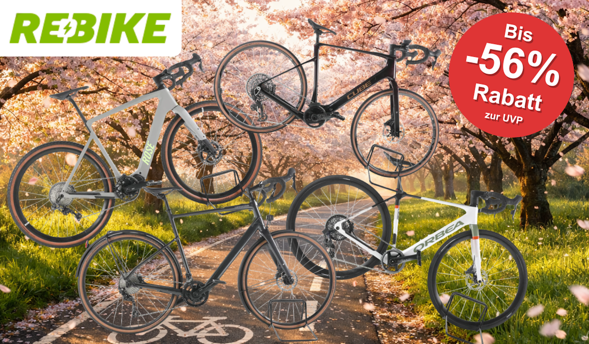 Auf dem Bild ist eine Collage aus E-Gravel & E-Rennräder, die gerade bei Rebike reduziert sind.