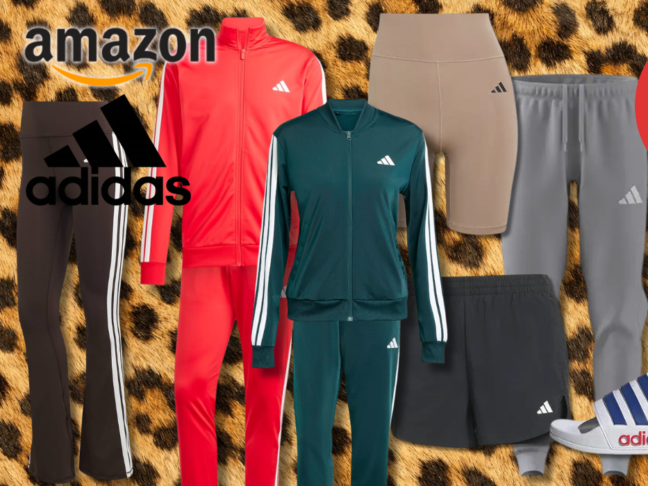 Eine Darstellung von verschiedenen Adidas Kleidungsstücken vor einem Leopard-Hintergrund.