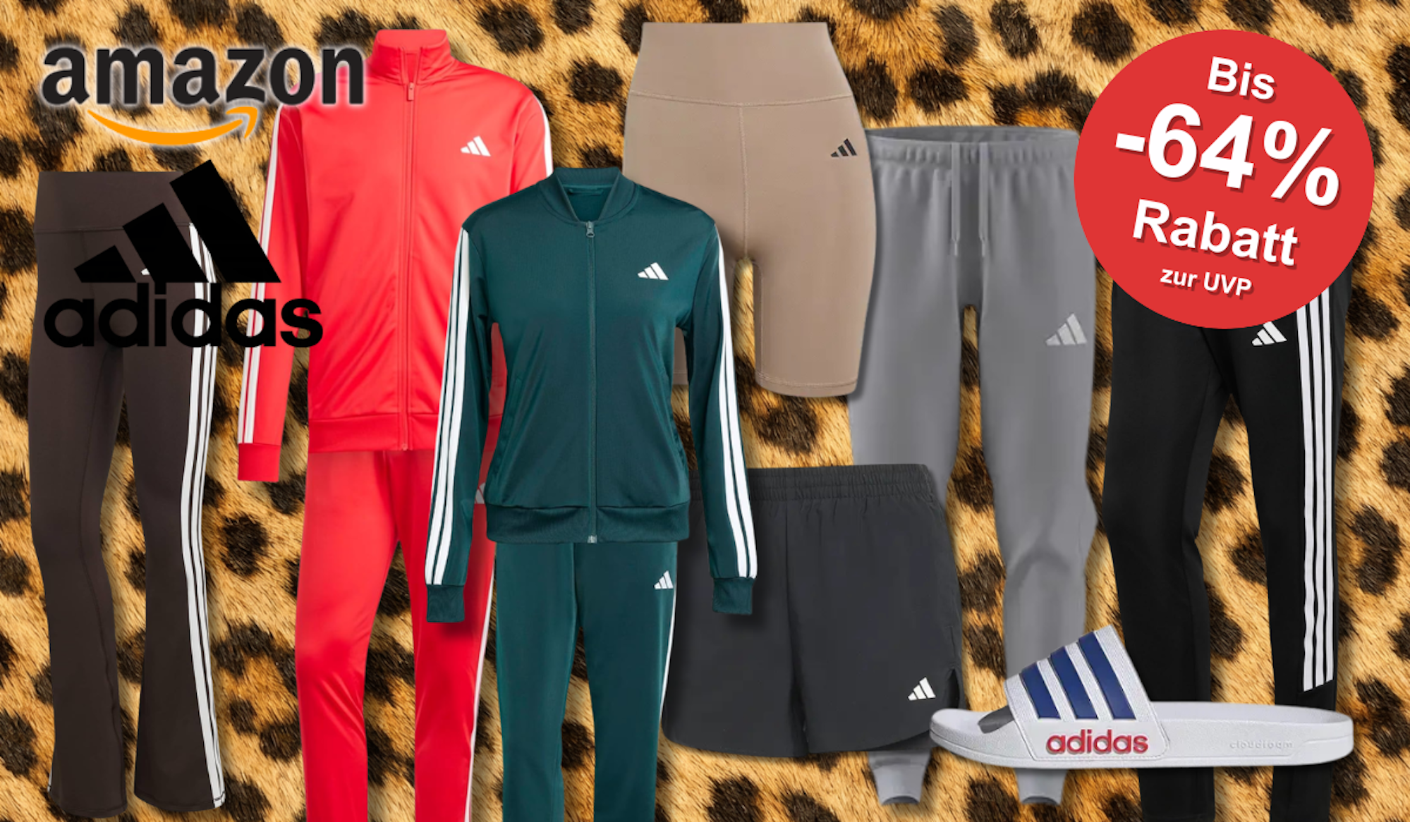 Eine Darstellung von verschiedenen Adidas Kleidungsstücken vor einem Leopard-Hintergrund.