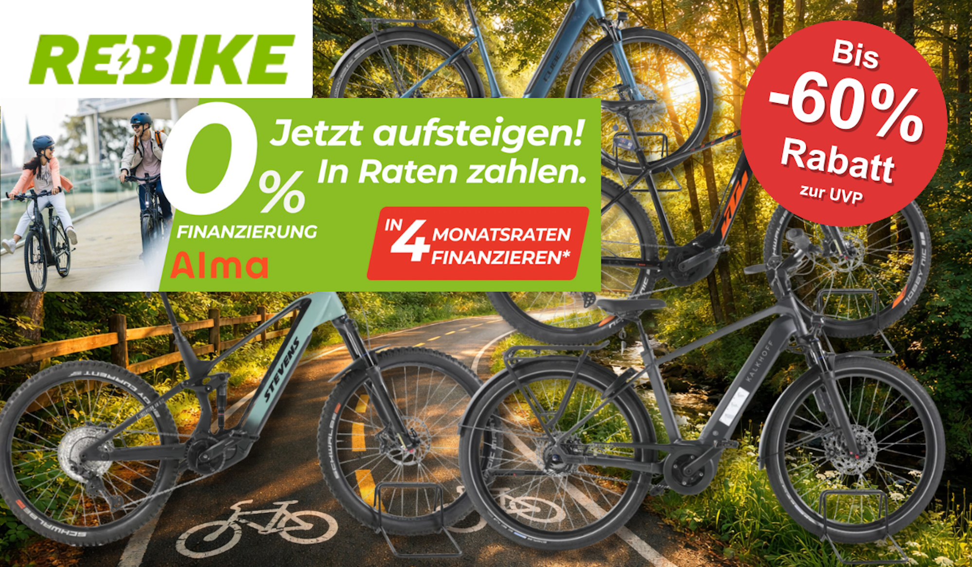 Verschiedene Fahrräder aus dem Rebike Sale vor einem Fahrradweg.