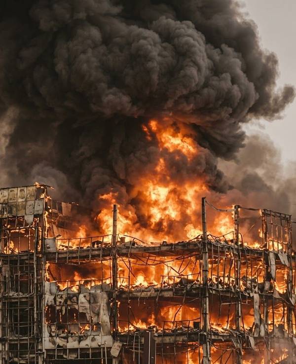 Ein brennendes Gebäude wird von dichtem Rauch eingehüllt.