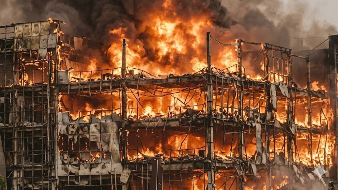 Ein brennendes Gebäude wird von dichtem Rauch eingehüllt.