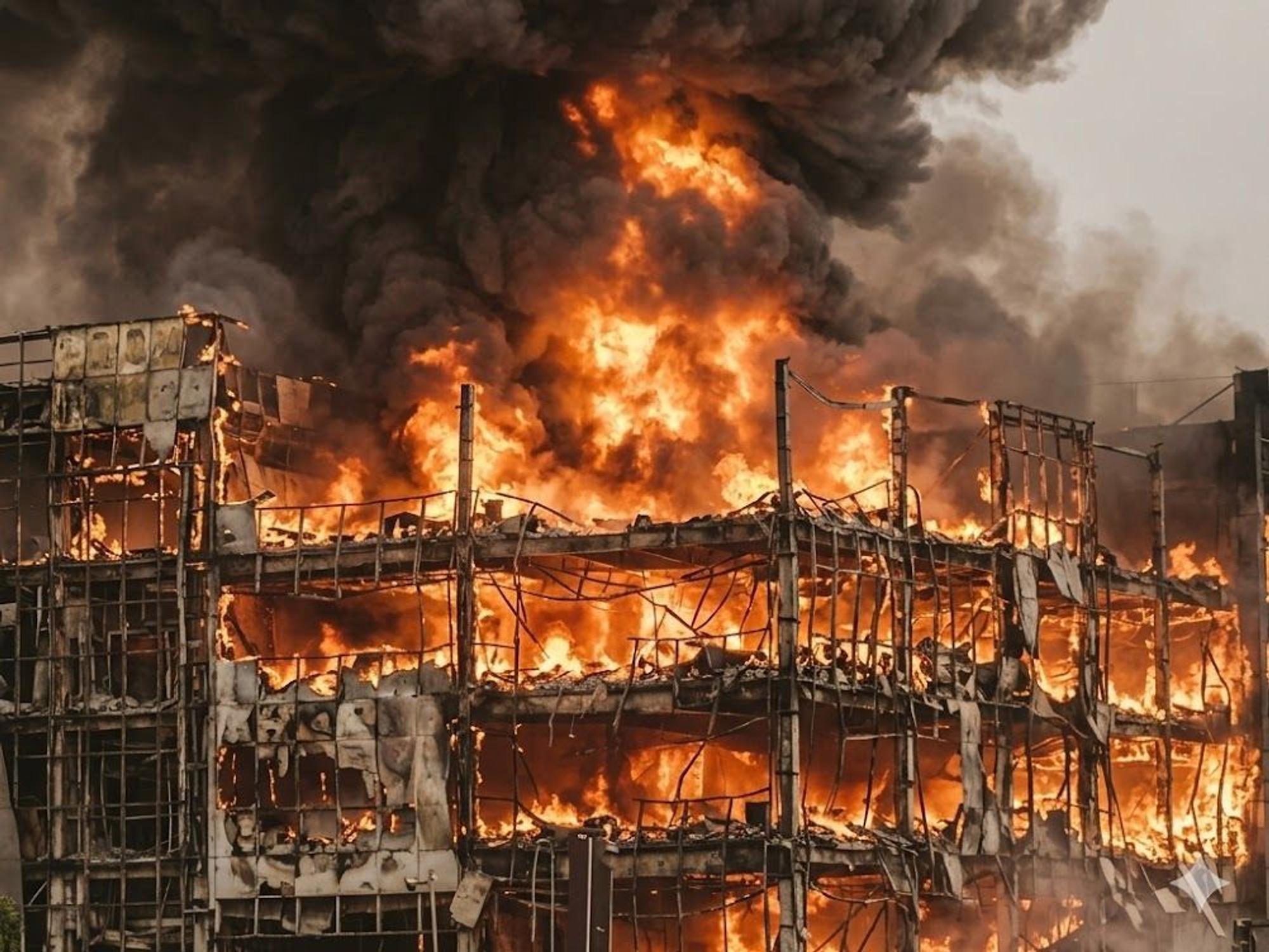 Ein brennendes Gebäude wird von dichtem Rauch eingehüllt.