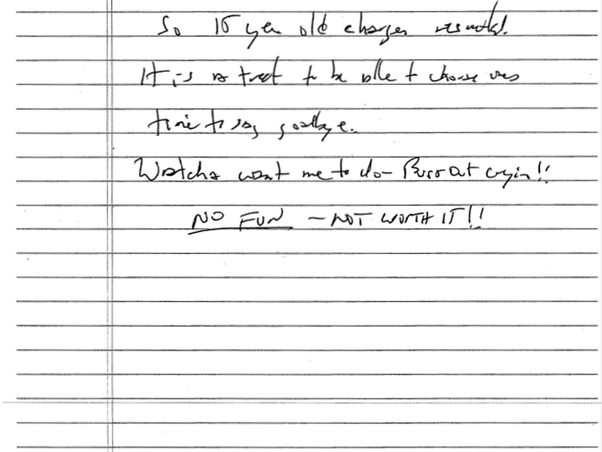 Dieses Dokument, das vom US-Bezirksgericht für den südlichen Bezirk von New York via AP veröffentlicht wurde, zeigt einen angeblichen Abschiedsbrief des verstorbenen Sexualstraftäters Jeffrey Epstein.