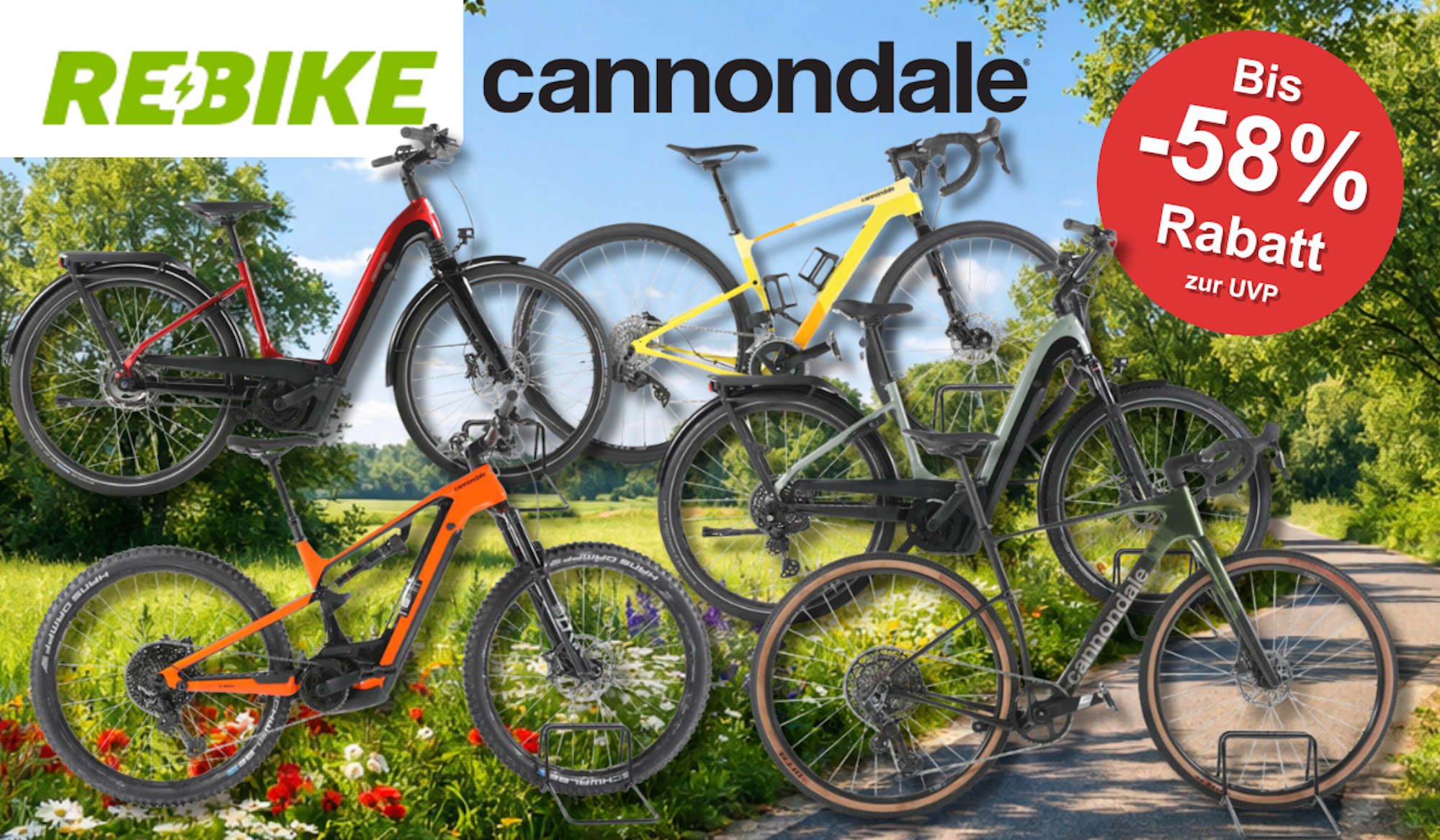 Eine Darstellung von 5 verschiedenen Cannondale E-Bikes vor einem Fahrradweg.