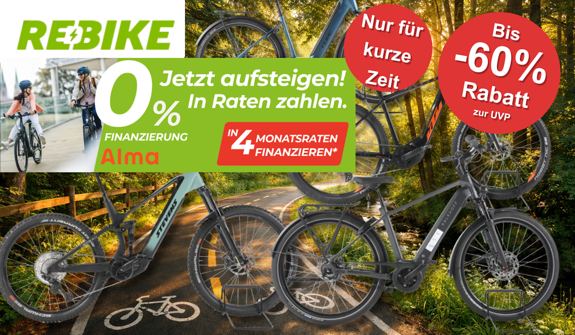 Verschiedene Fahrräder aus dem Rebike Sale vor einem Fahrradweg.