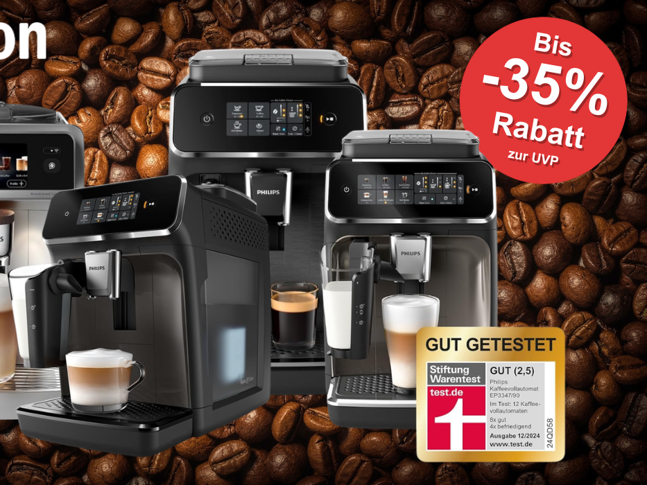 Auf dem Bild sind 4 Philips Kaffeevollautomaten zu sehen vor einem KI Hintergrund aus Kaffeebohnen.