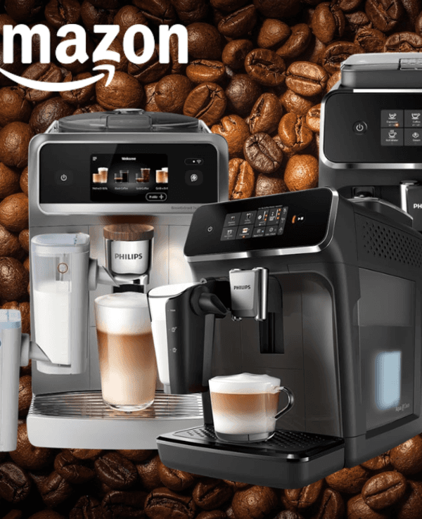 Auf dem Bild sind 4 Philips Kaffeevollautomaten zu sehen vor einem KI Hintergrund aus Kaffeebohnen.
