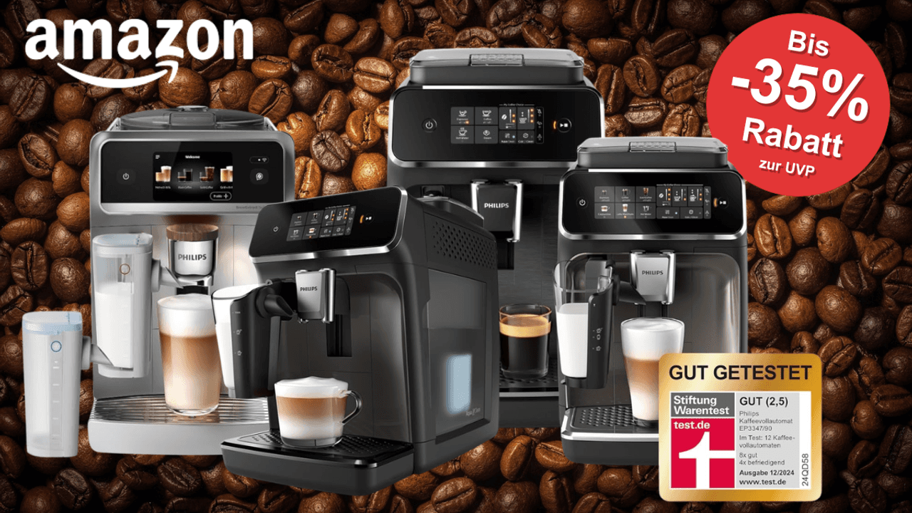 Auf dem Bild sind 4 Philips Kaffeevollautomaten zu sehen vor einem KI Hintergrund aus Kaffeebohnen.