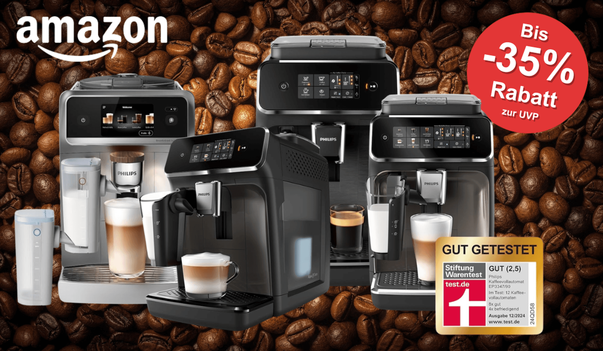 Auf dem Bild sind 4 Philips Kaffeevollautomaten zu sehen vor einem KI Hintergrund aus Kaffeebohnen.
