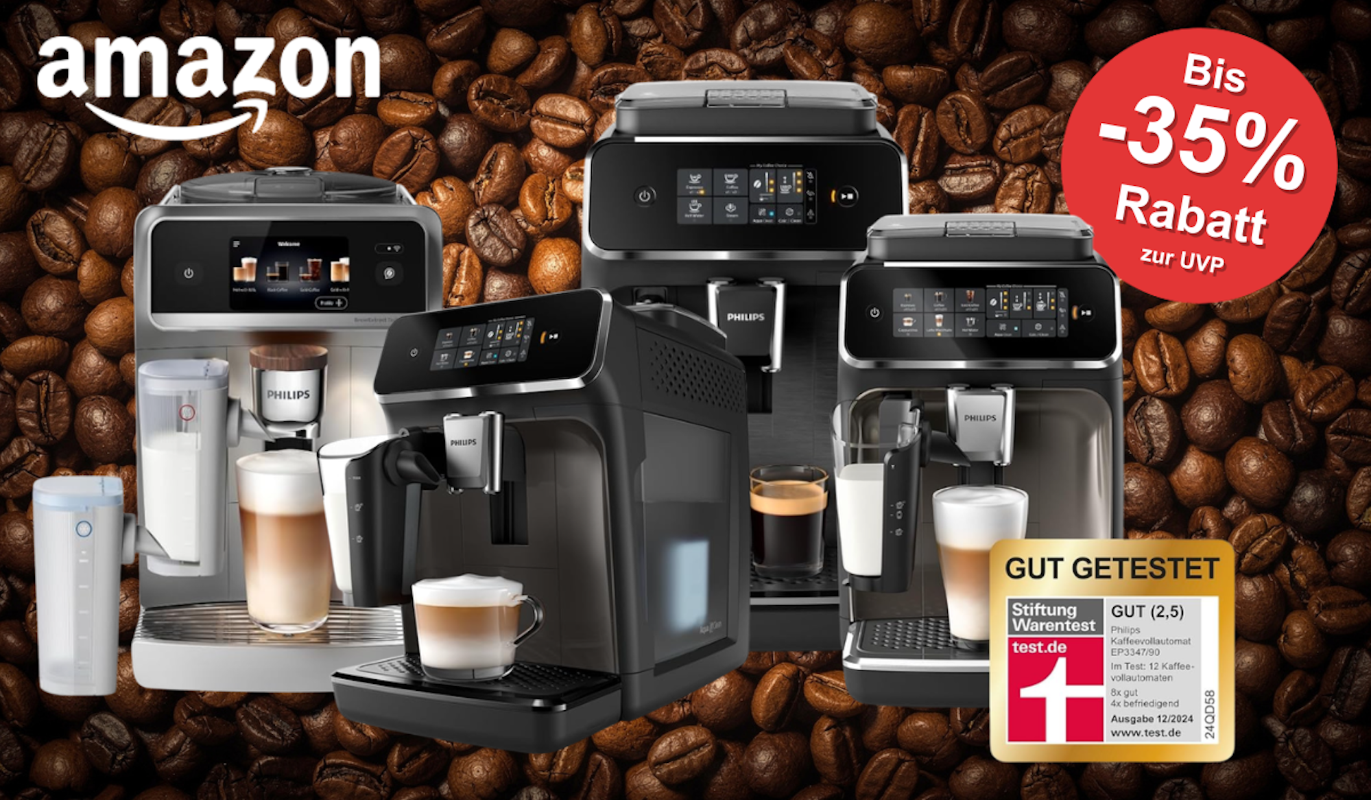 Auf dem Bild sind 4 Philips Kaffeevollautomaten zu sehen vor einem KI Hintergrund aus Kaffeebohnen.